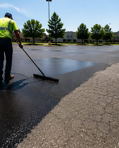 Worker applying asphalt sealcoating to a commercial parking lot to protect pavement and extend surface lifespan