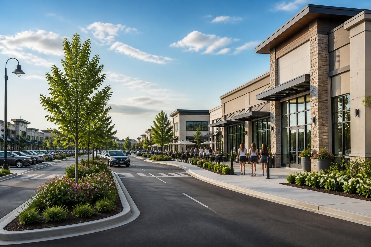 Suburban commercial center with broad roads and storefronts.