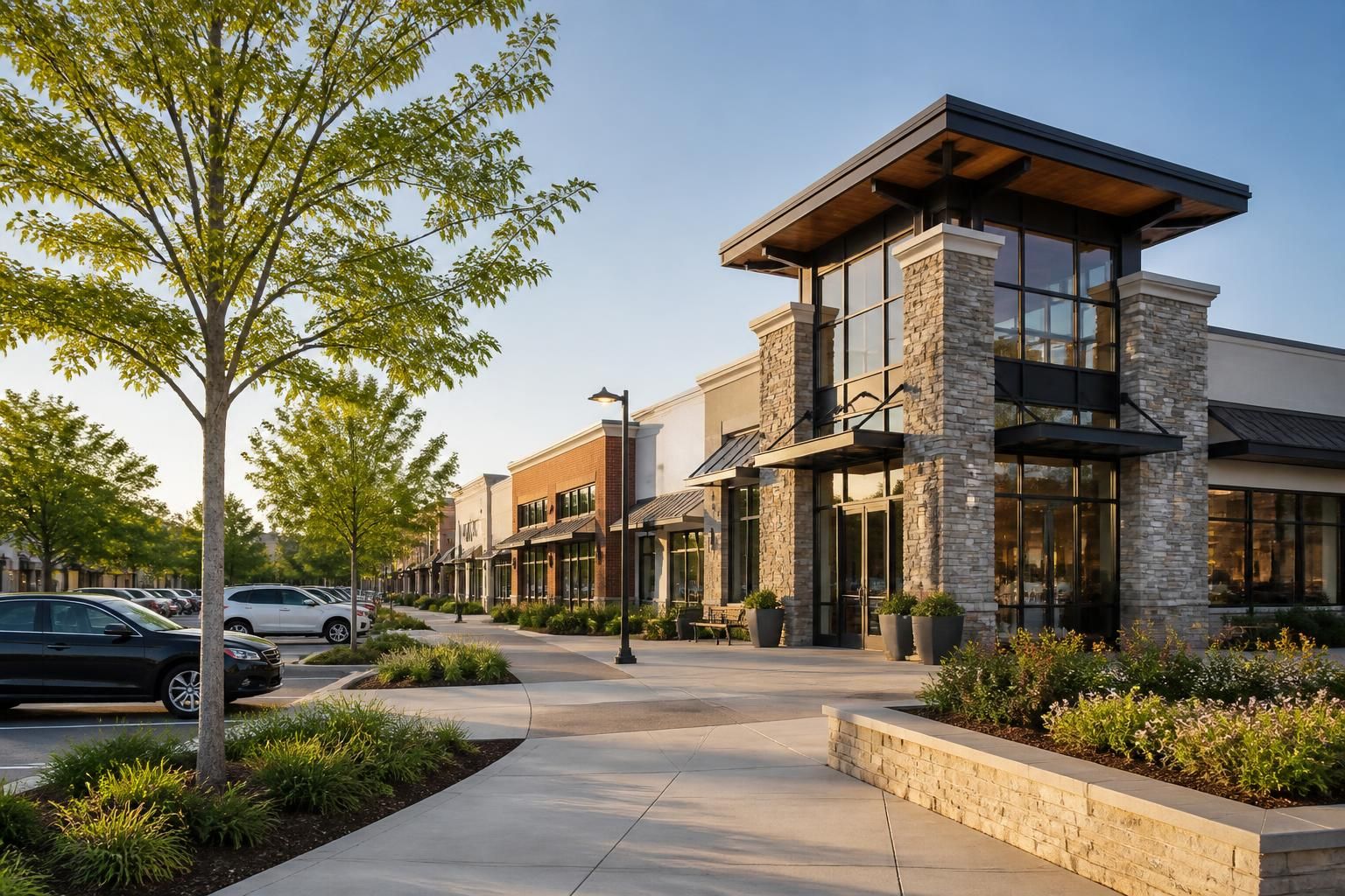 Retail and business district with clean parking areas.
