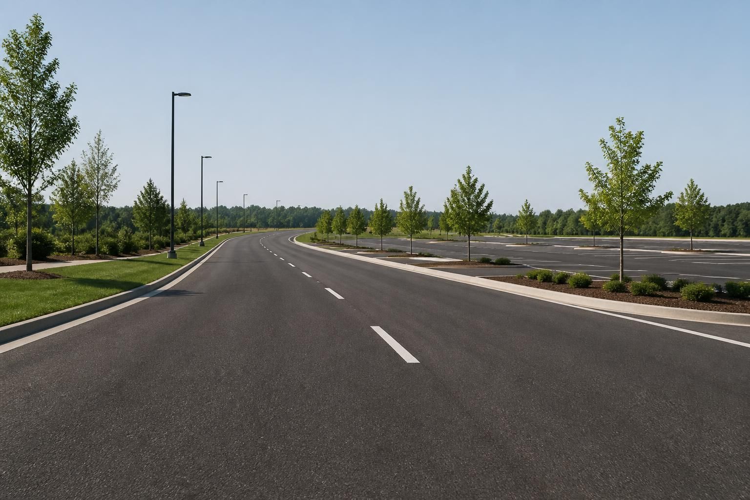 Wide view of a completed commercial paving project with open space.