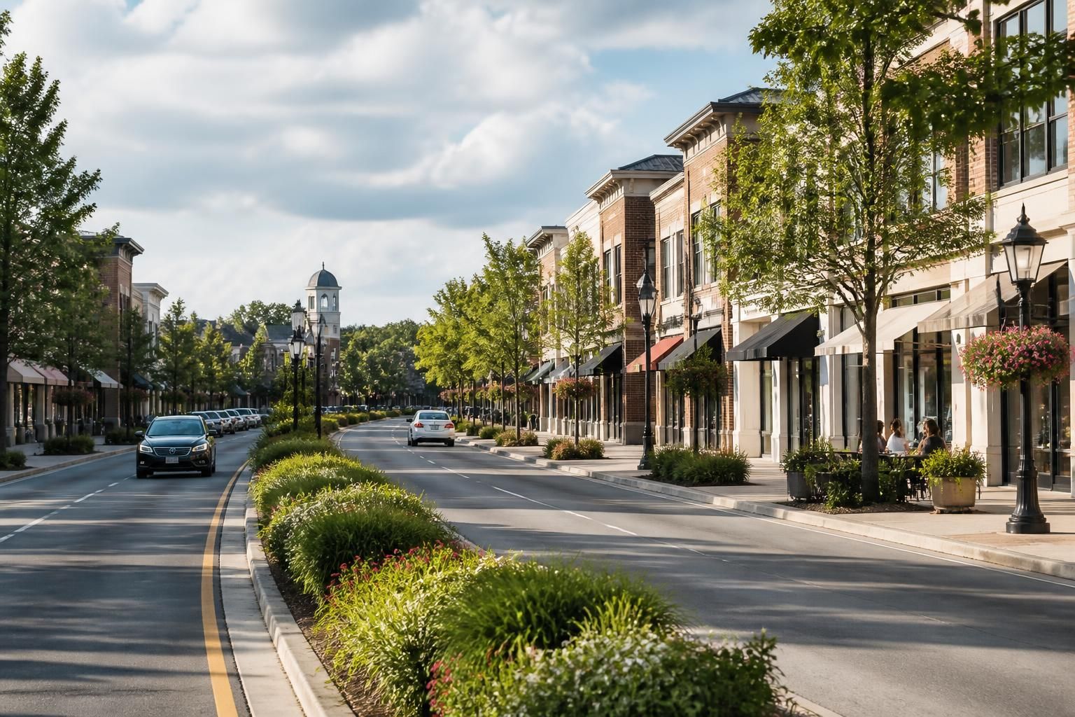 Neighborhood commercial street with tidy roads and storefronts.