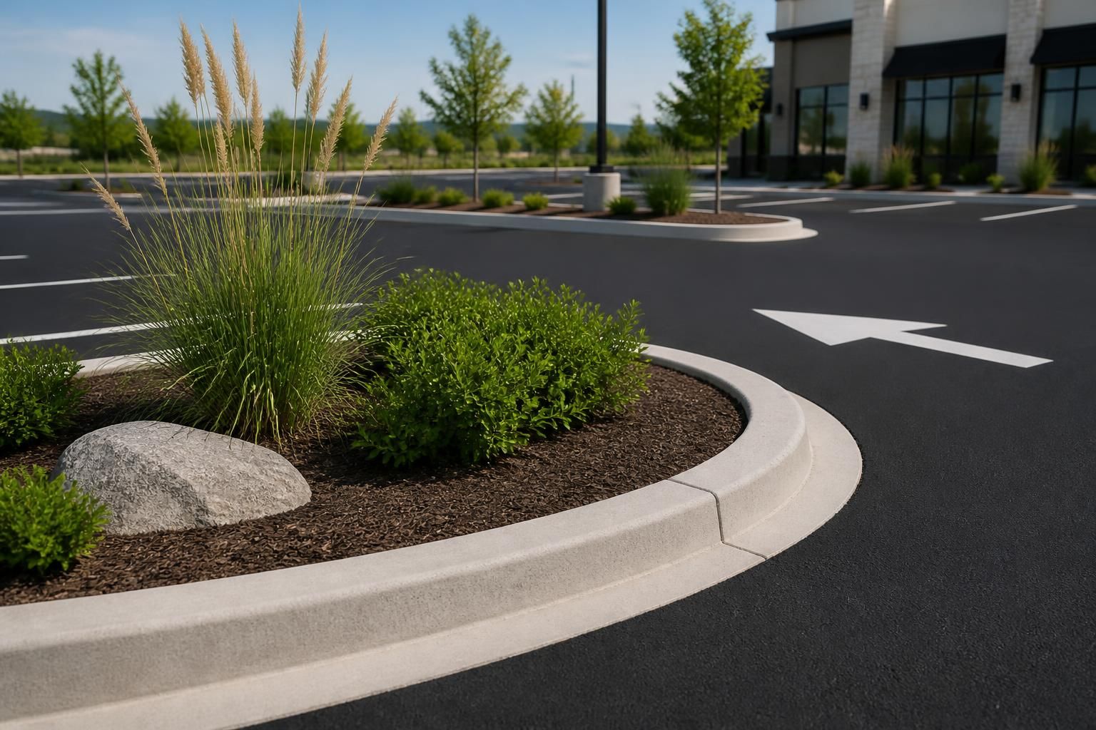 Freshly paved commercial parking lot with clean lane markings.