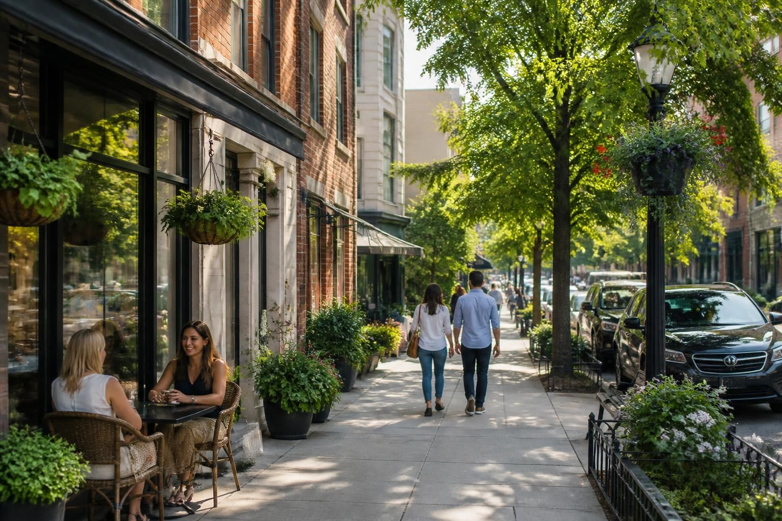 City neighborhood commercial scene with greenery and low-rise buildings.