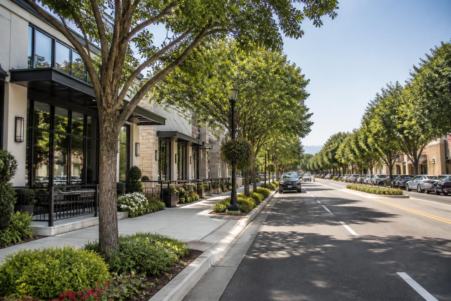 Suburban commercial corridor with trees and modern businesses.