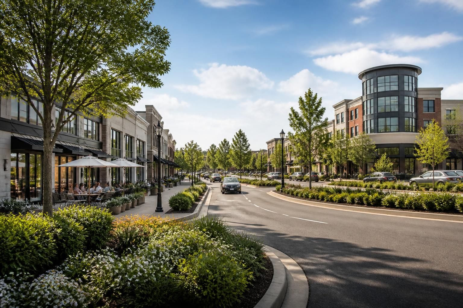 Planned community commercial area with manicured landscaping.